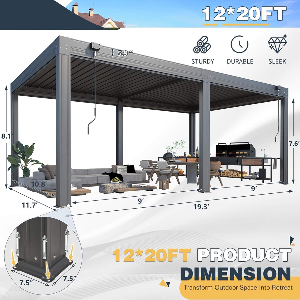 [12X20FT] Gray Louvered Aluminum Pergola With Adjustable Roof And Pull-Down Screens (SAK46817) - Saksby Wholesale - Dimensions