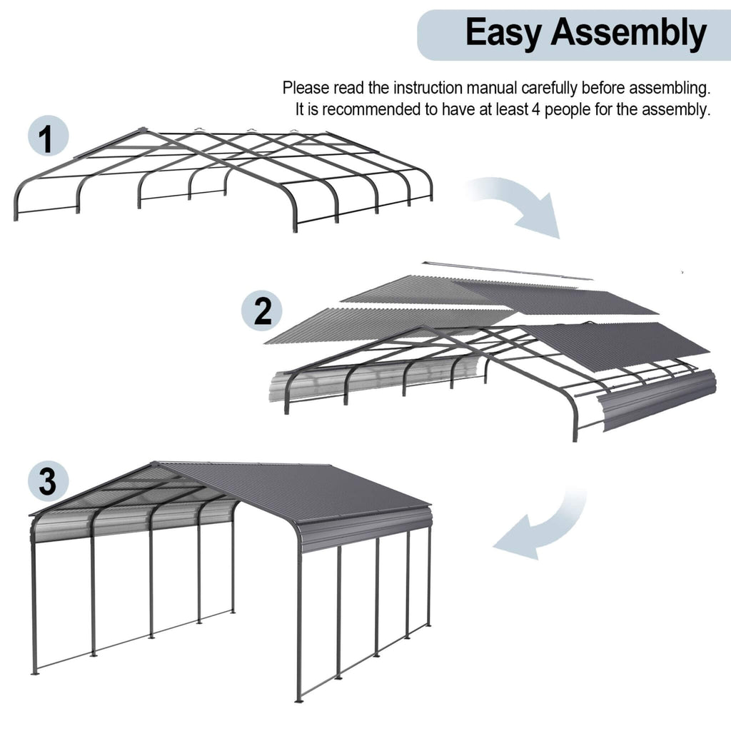 [12X20FT] Heavy Duty Metal Carport With Galvanized Steel Roof For Car, Boats And Trucks, Gray (SAK95562) - Saksby Wholesale - Easy Assembly