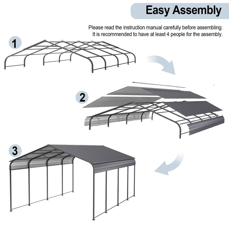 [12X20FT] Heavy Duty Metal Carport With Galvanized Steel Roof For Car, Boats And Trucks, Gray (SAK95562) - Saksby Wholesale - Easy Assembly