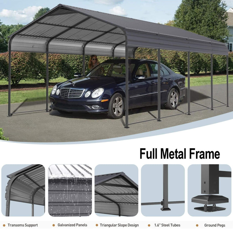 [12X20FT] Heavy Duty Metal Carport With Galvanized Steel Roof For Car, Boats And Trucks, Gray (SAK95562) - Saksby Wholesale - Full Metal Frame