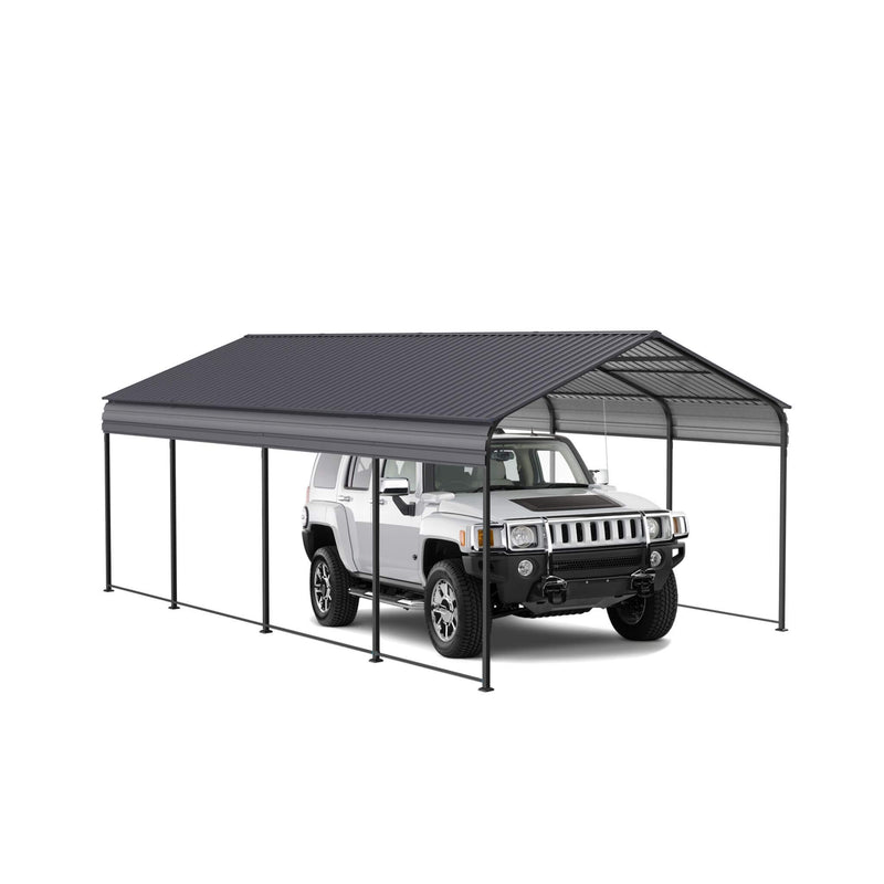 [12X20FT] Heavy Duty Metal Carport With Galvanized Steel Roof For Car, Boats And Trucks, Gray (SAK95562) - Saksby Wholesale - With Car Side View