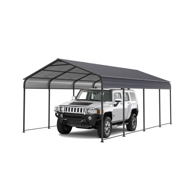 [12X20FT] Heavy Duty Metal Carport With Galvanized Steel Roof For Car, Boats And Trucks, Gray (SAK95562) - Saksby Wholesale - With Car In White Background