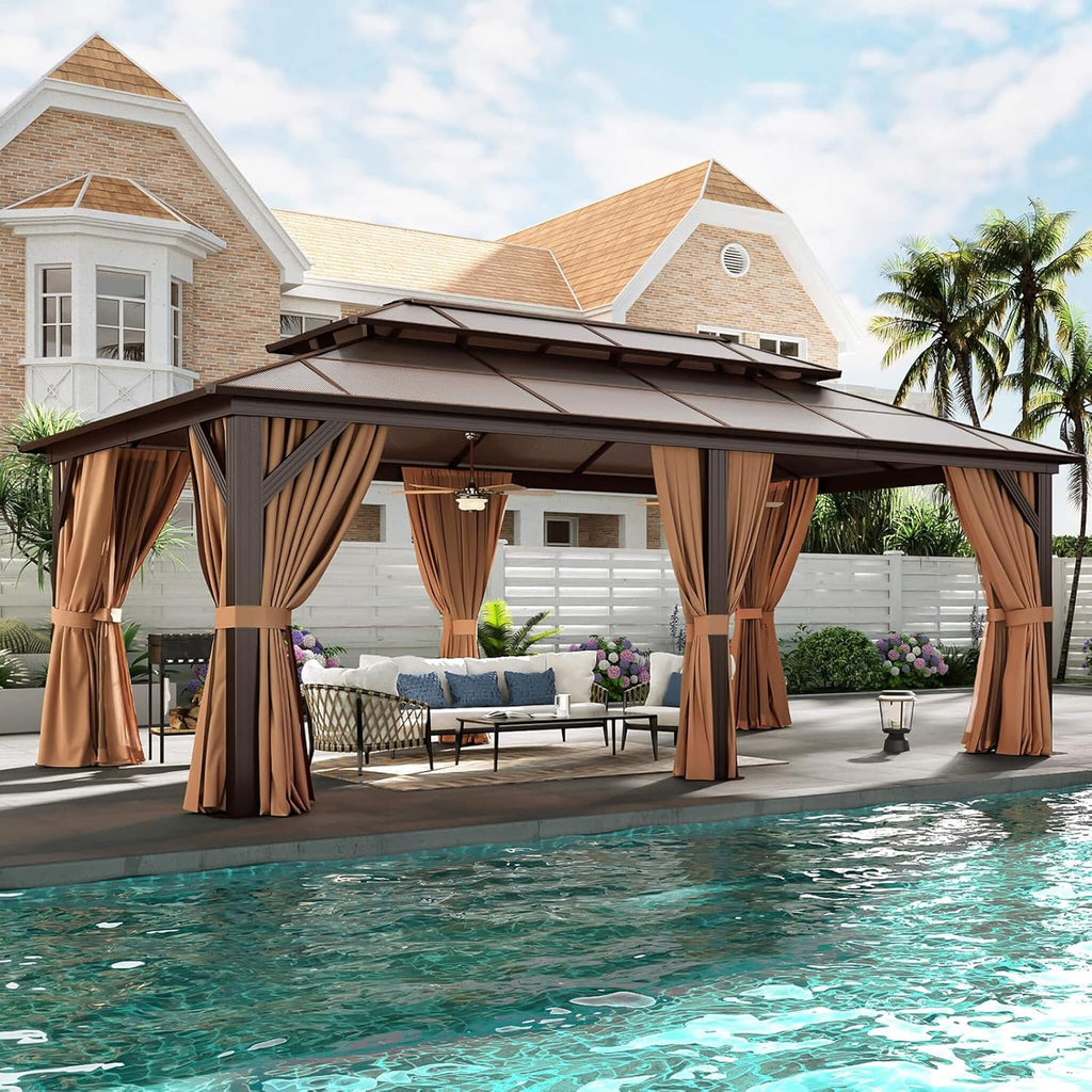 [12X20FT] Alora Premium Aluminum Outdoor Polycarbonate Hardtop Gazebo With Netting & Curtains (SAK36580) - Saksby Wholesale - Beside Pool Day View
