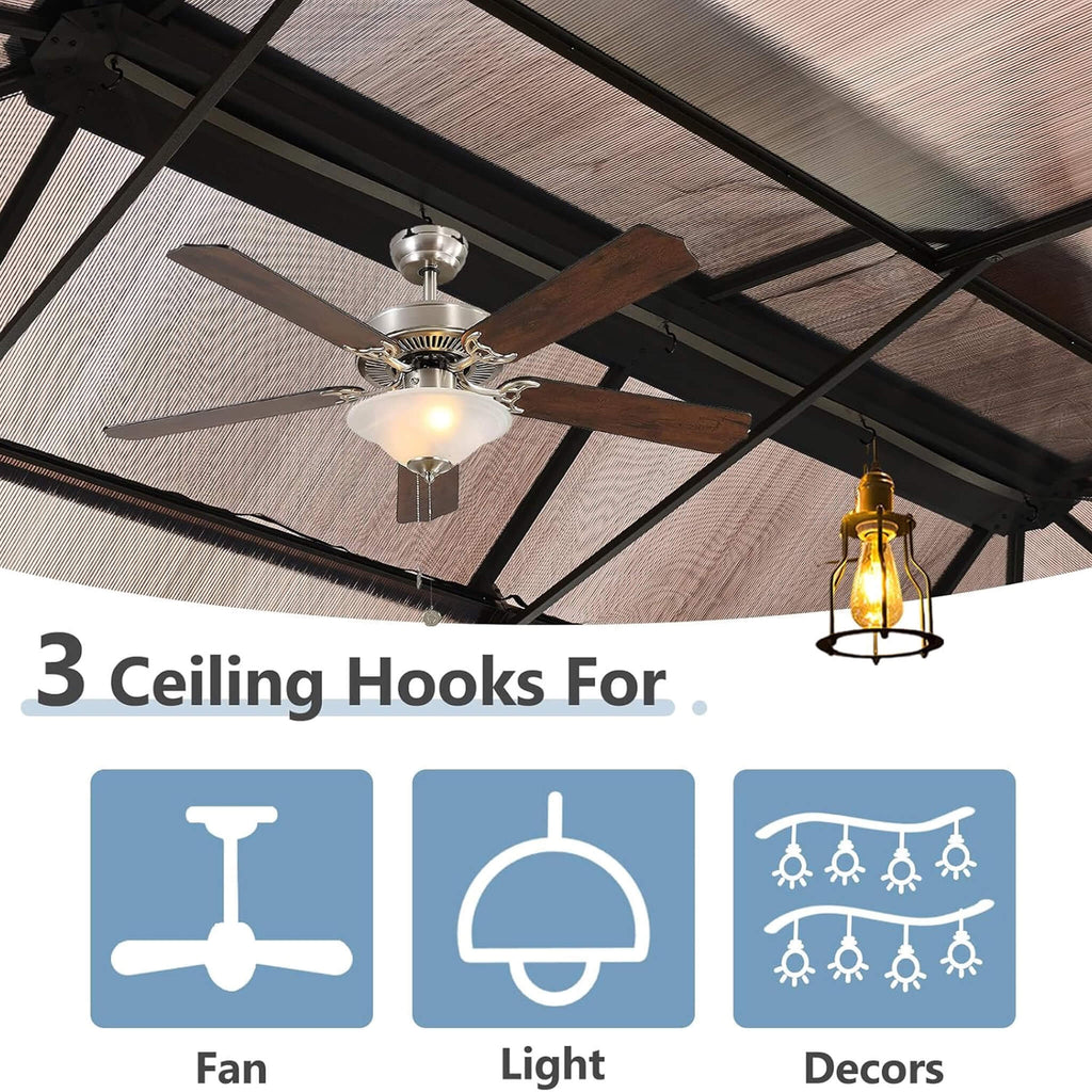 [12X20FT] Alora Premium Aluminum Outdoor Polycarbonate Hardtop Gazebo With Netting & Curtains (SAK36580) - Saksby Wholesale - Ceiling Hooks