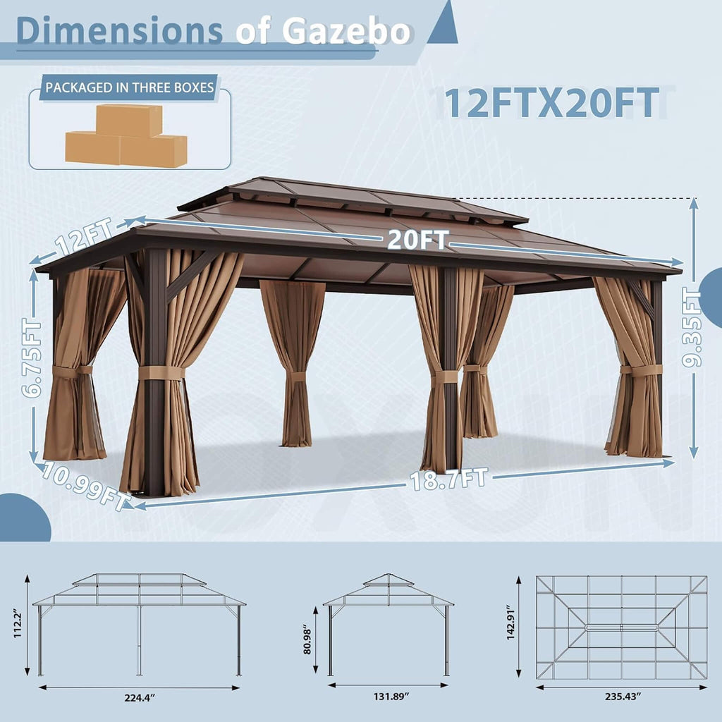 [12X20FT] Alora Premium Aluminum Outdoor Polycarbonate Hardtop Gazebo With Netting & Curtains (SAK36580) - Saksby Wholesale - Dimensions
