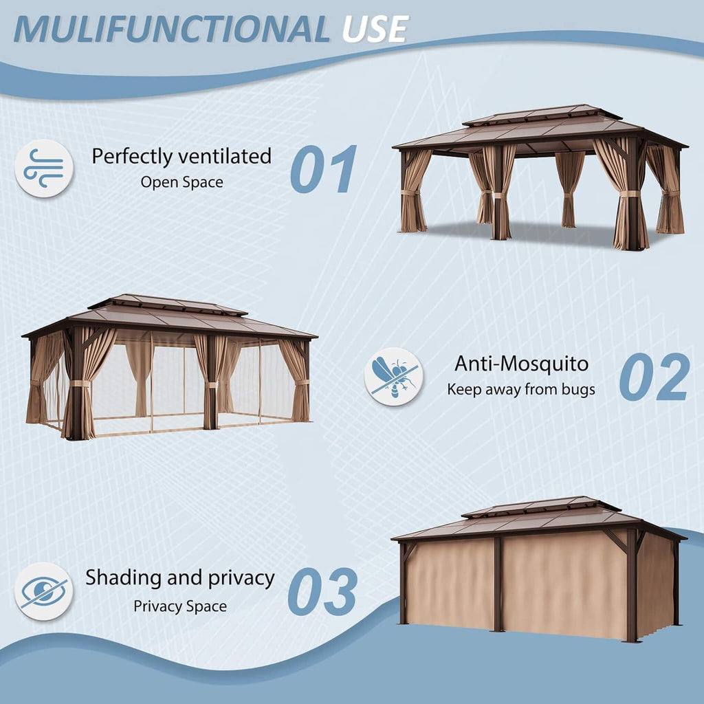 [12X20FT] Alora Premium Aluminum Outdoor Polycarbonate Hardtop Gazebo With Netting & Curtains (SAK36580) - Saksby Wholesale - Multifunctional Use