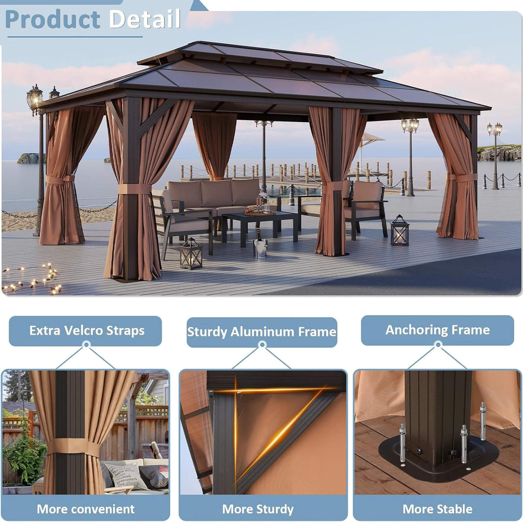 [12X20FT] Alora Premium Aluminum Outdoor Polycarbonate Hardtop Gazebo With Netting & Curtains (SAK36580) - Saksby Wholesale - Product Detail