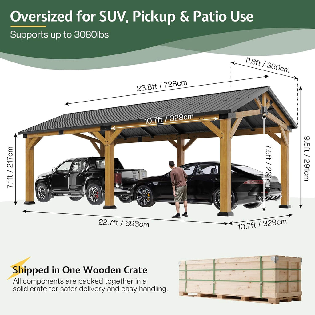 [12X24FT] Alora Large Heavy-Duty Outdoor Cedar Wood Hardtop Carport With Galvanized Steel Roof (SAK48392)