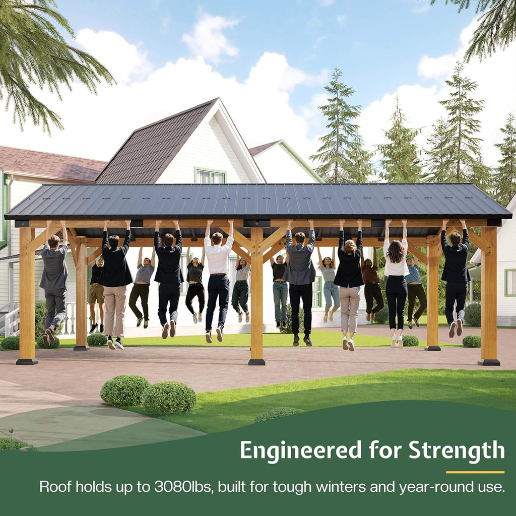 [12X24FT] Alora Large Heavy-Duty Outdoor Cedar Wood Hardtop Carport With Galvanized Steel Roof (SAK48392)