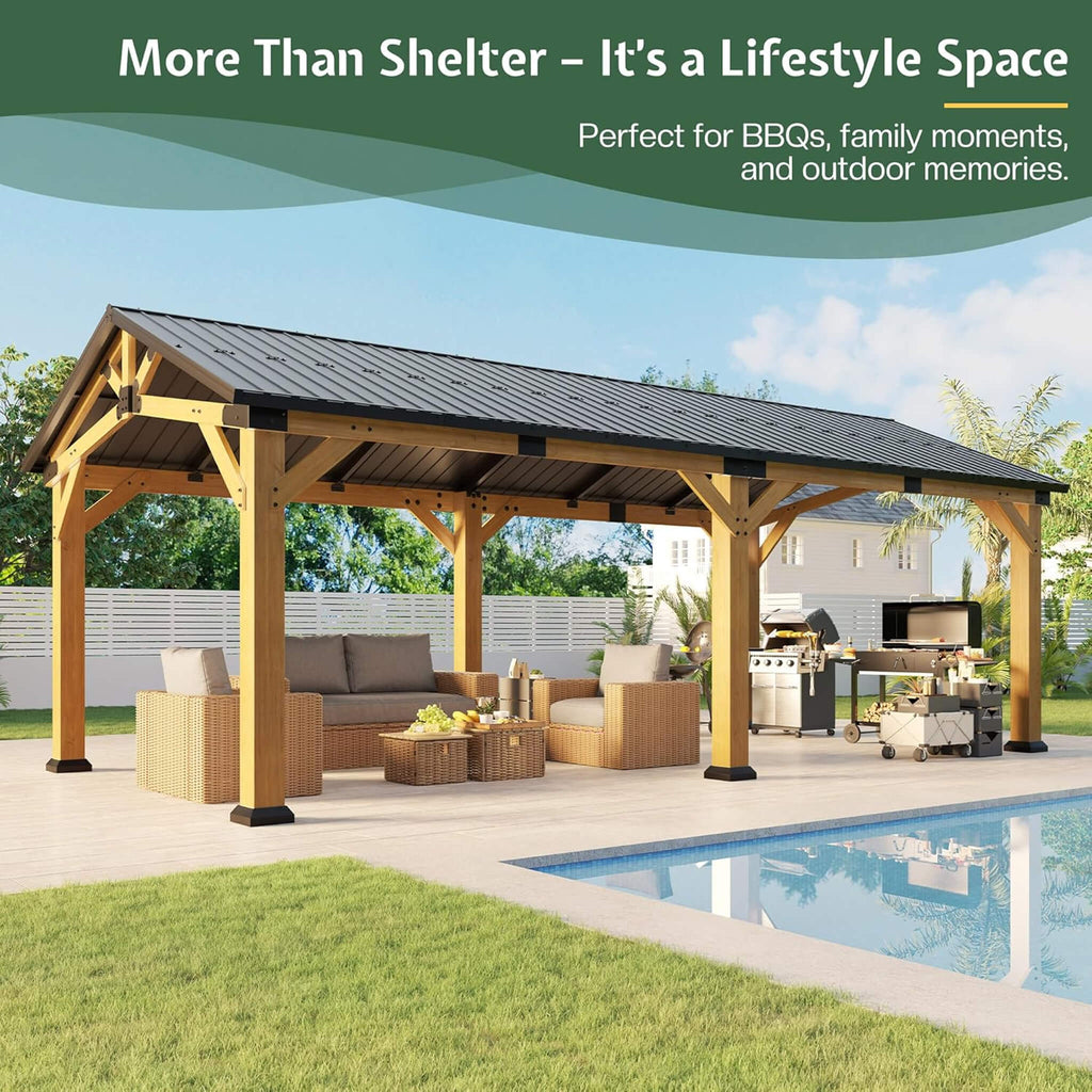 [12X24FT] Alora Large Heavy-Duty Outdoor Cedar Wood Hardtop Carport With Galvanized Steel Roof (SAK48392)