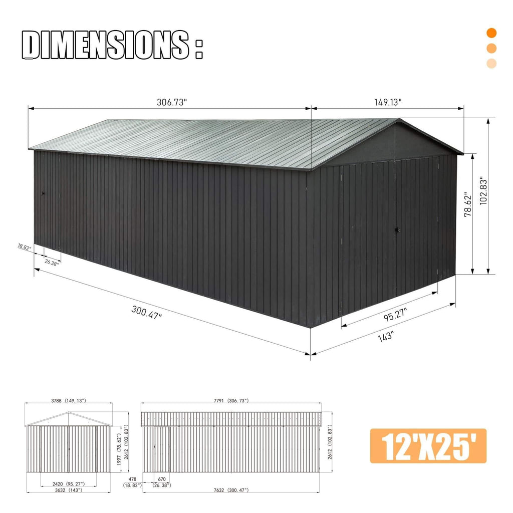 [12X25FT] Alora Extra Large Heavy Duty Outdoor Metal Carport Garage Shed With Lockable Double Hinged Doors (SAK34153) - Saksby Wholesale - Dimensions