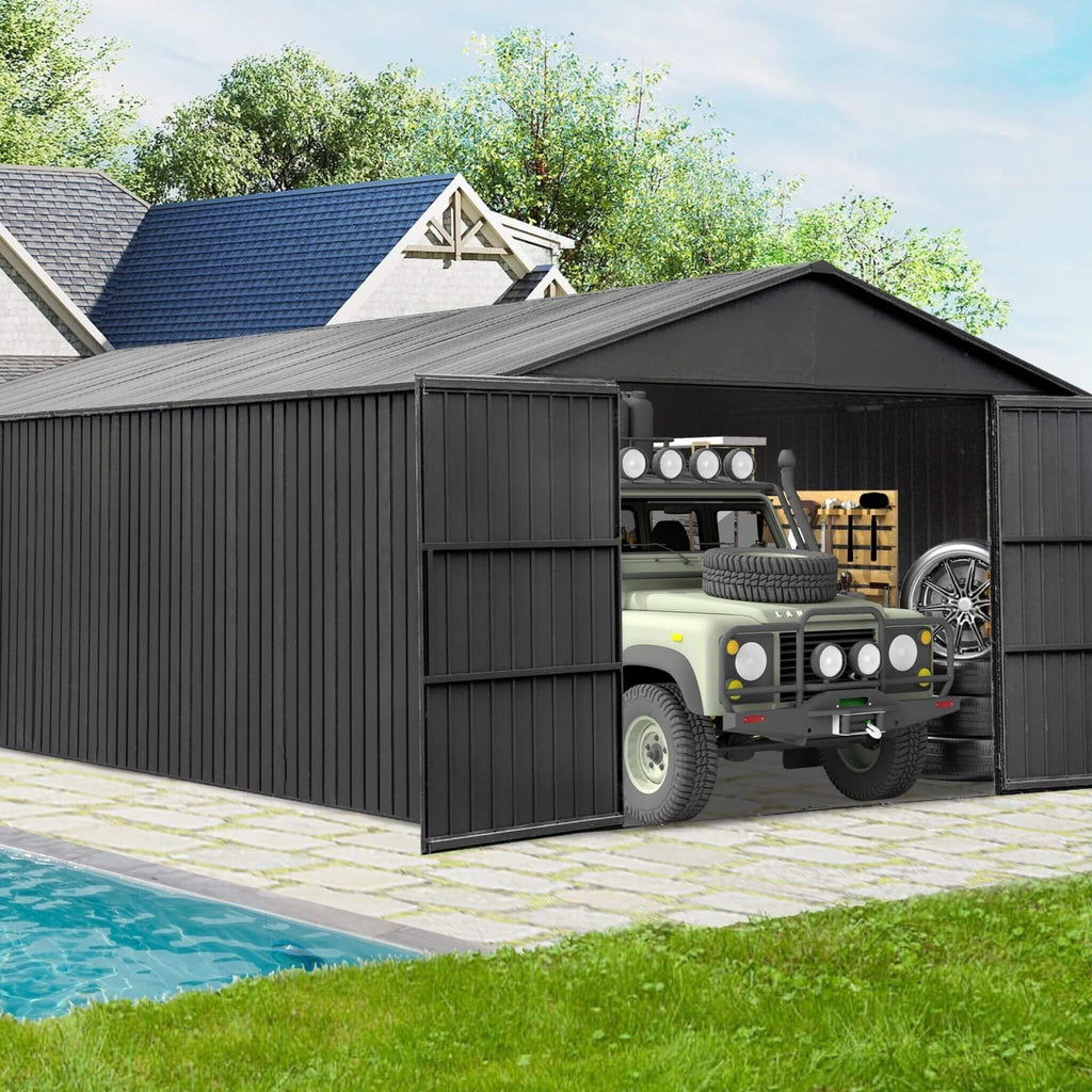 [12X25FT] Alora Extra Large Heavy Duty Outdoor Metal Carport Garage Shed With Lockable Double Hinged Doors (SAK34153) - Saksby Wholesale - Lifestyle Image