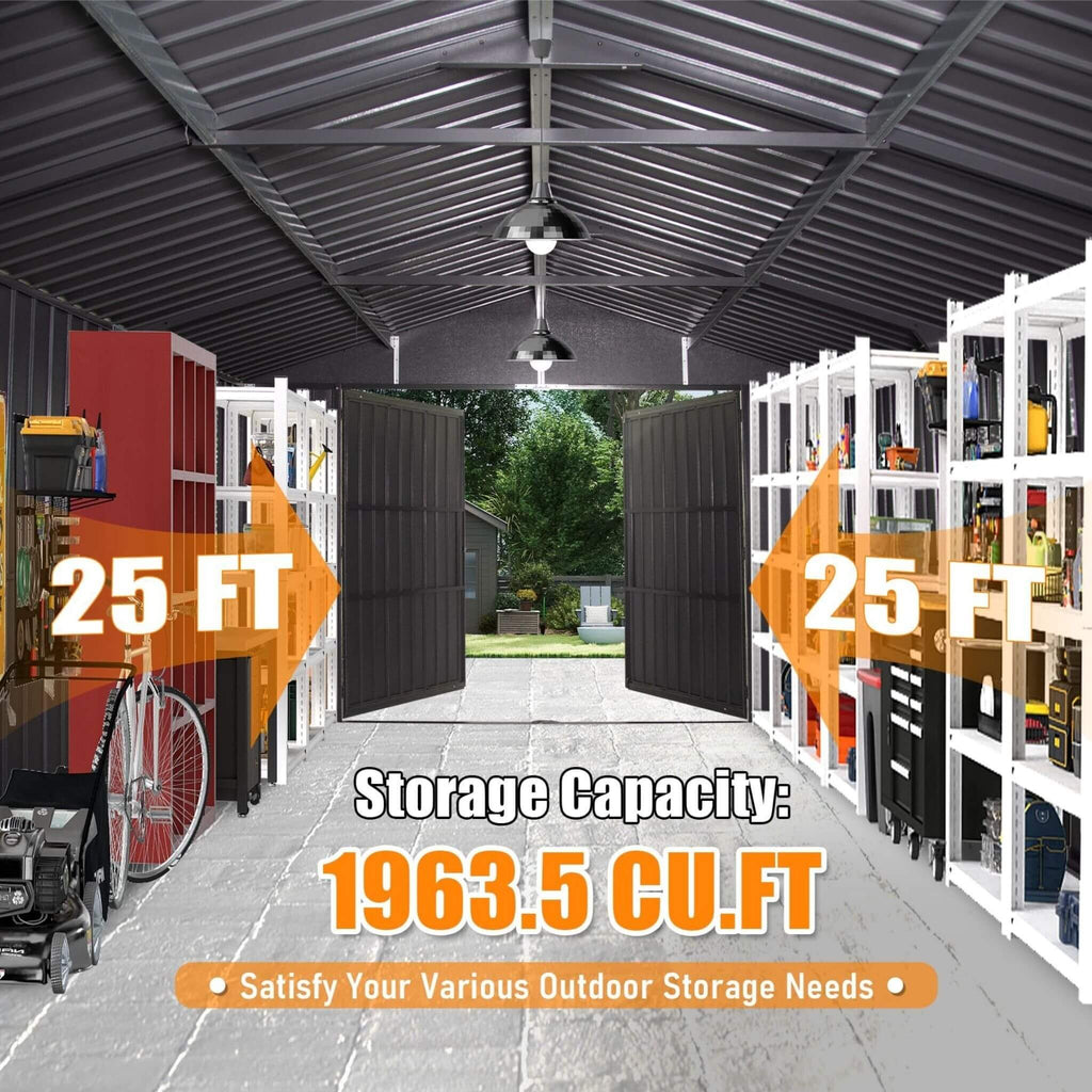 [12X25FT] Alora Extra Large Heavy Duty Outdoor Metal Carport Garage Shed With Lockable Double Hinged Doors (SAK34153) - Saksby Wholesale - Storage Capacity
