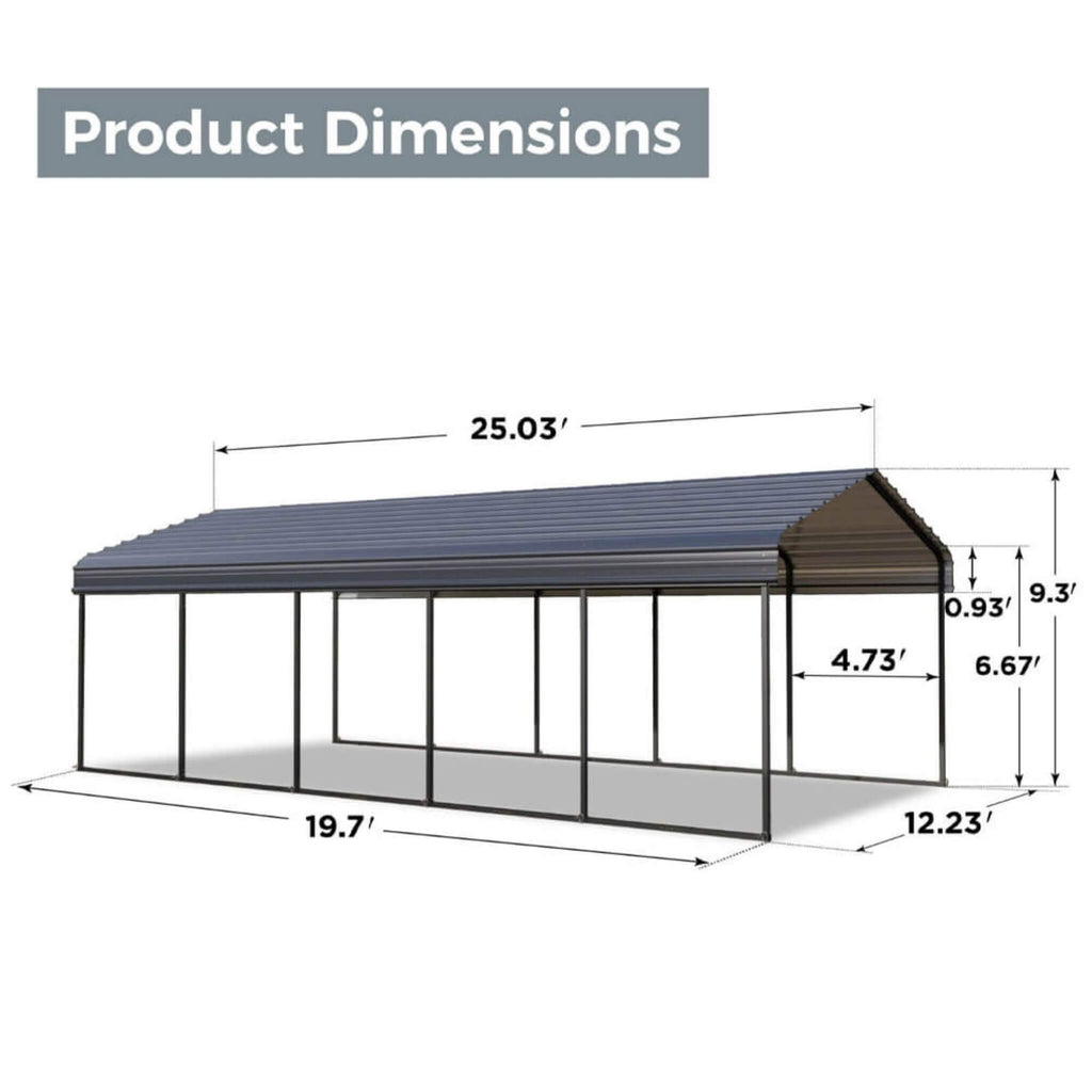[12x25FT] Heavy Duty Extra Large Multi Vehicle Carport Kit With Galvanized Steel Roof (SAK37514) SAKSBY - Dimensions View