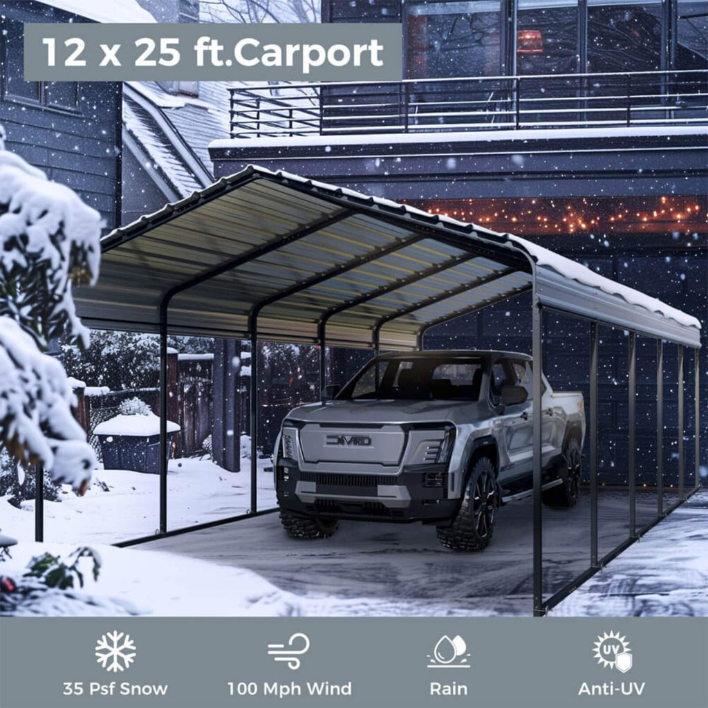[12x25FT] Heavy Duty Extra Large Multi Vehicle Carport Kit With Galvanized Steel Roof (SAK37514) SAKSBY - Winter View