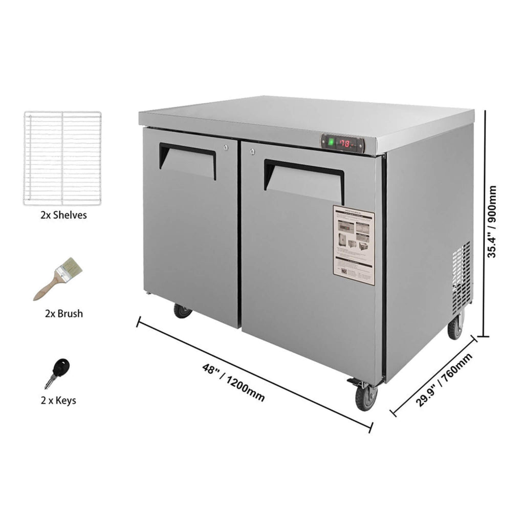 12.9 Cu.Ft 2 Door Commercial Stainless Steel Worktop Undercounter Refrigerator, 48" (SAK13725) - Saksby Wholesale - Dimension View
