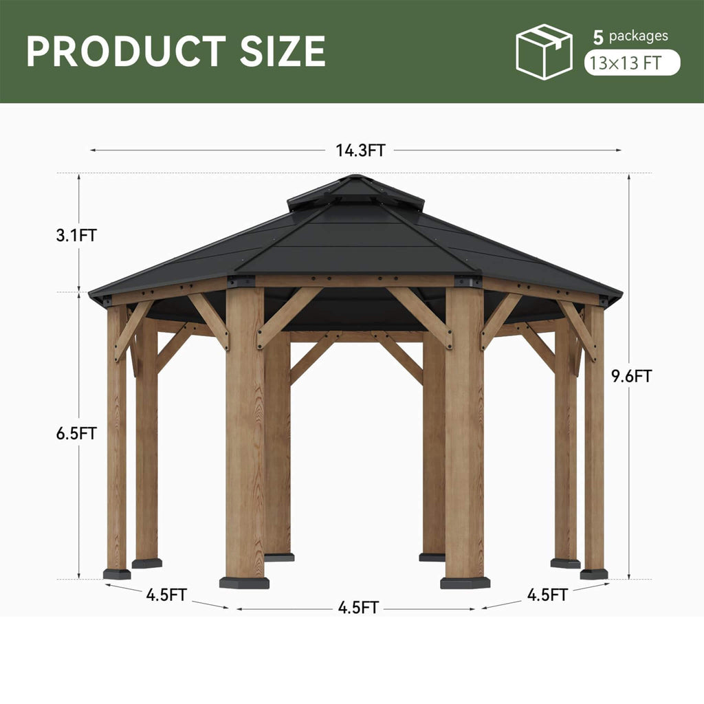 [13X13FT] Alora Cedar Wood Galvanized Steel Octagonal Hardtop Double Roof Gazebo (SAK17468) - Saksby Wholesale - Dimensions