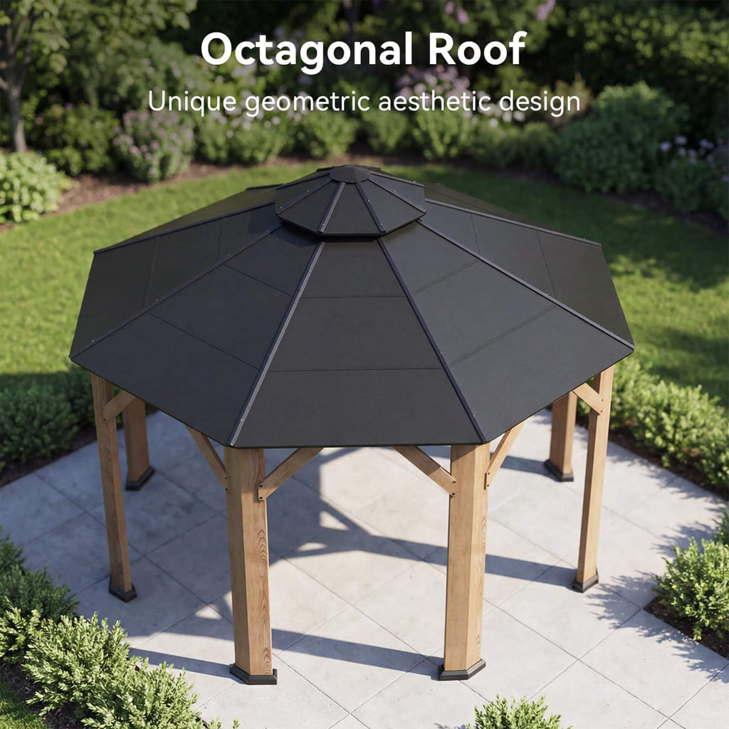 [13X13FT] Alora Cedar Wood Galvanized Steel Octagonal Hardtop Double Roof Gazebo (SAK17468) - Saksby Wholesale - Octagonal Roof