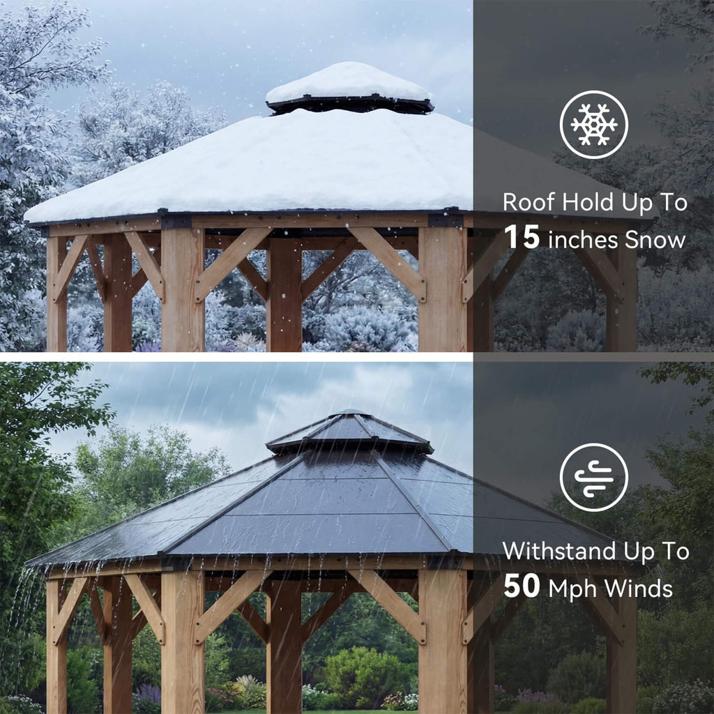 [13X13FT] Alora Cedar Wood Galvanized Steel Octagonal Hardtop Double Roof Gazebo (SAK17468) - Saksby Wholesale - Snow And Wind Rating