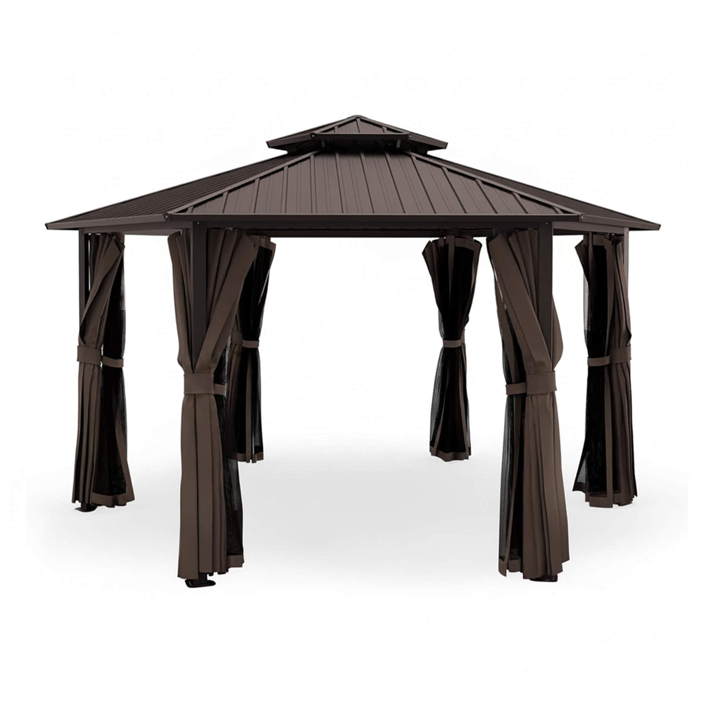 [13X15FT] Hardtop Hexagonal Gazebo With Curtains And Netting (SAK60713) - Saksby Wholesale - Brown On White Background Without Furniture