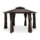 [13X15FT] Hardtop Hexagonal Gazebo With Curtains And Netting (SAK60713) - Saksby Wholesale - Brown On White Background Without Furniture