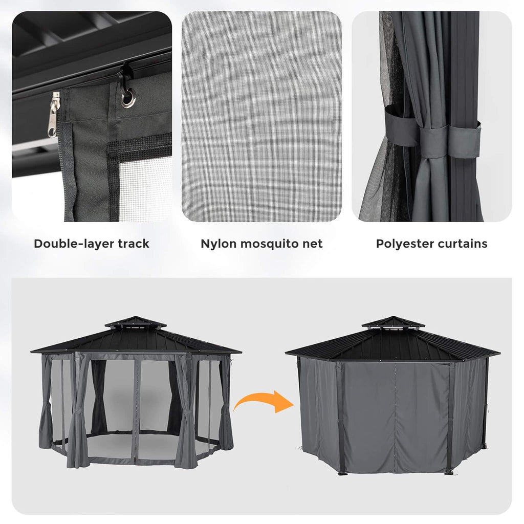 [13X15FT] Hardtop Hexagonal Gazebo With Curtains And Netting (SAK60713) - Saksby Wholesale - Curtains And Netting