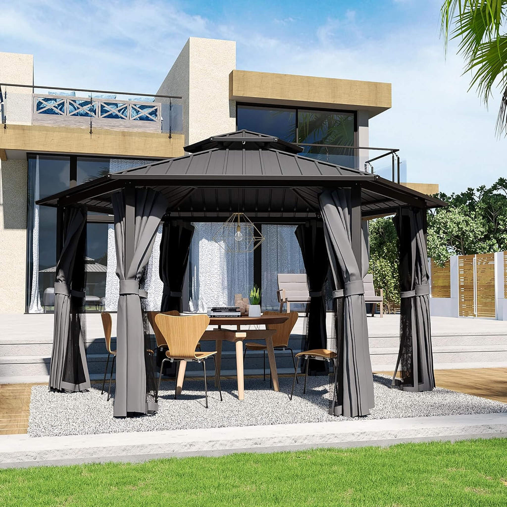[13X15FT] Hardtop Hexagonal Gazebo With Curtains And Netting (SAK60713) - Saksby Wholesale - Gray Lifestyle On Patio Daytime