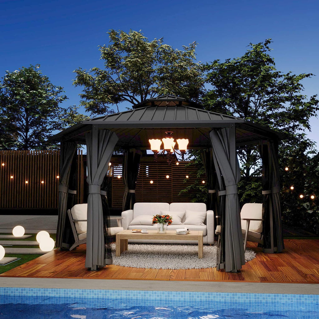 [13X15FT] Hardtop Hexagonal Gazebo With Curtains And Netting (SAK60713) - Saksby Wholesale - Gray Lifestyle On Patio Night Time