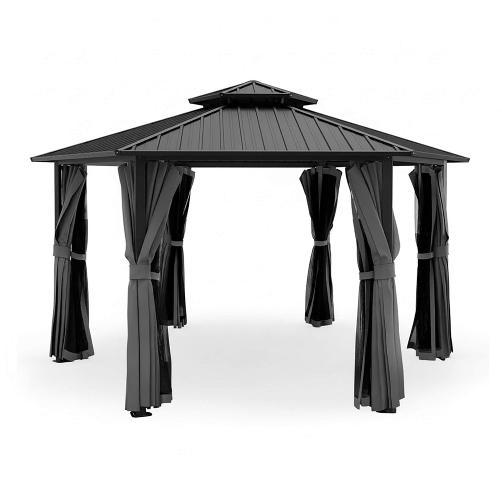 [13X15FT] Hardtop Hexagonal Gazebo With Curtains And Netting (SAK60713) - Saksby Wholesale - Gray On White Background Without Furniture