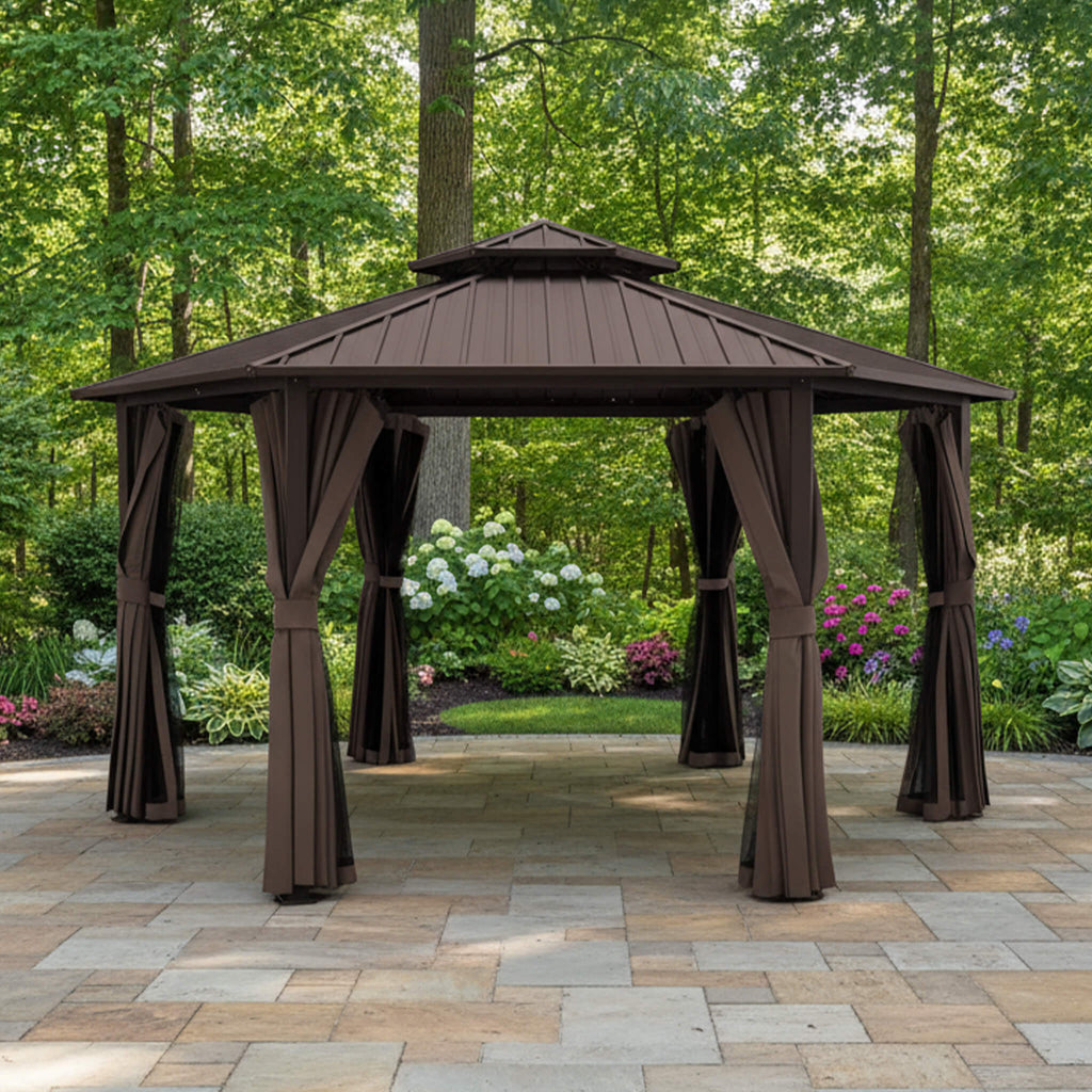 [13X15FT] Hardtop Hexagonal Gazebo With Curtains And Netting (SAK60713) - Saksby Wholesale - Lifestyle Brown On Patio