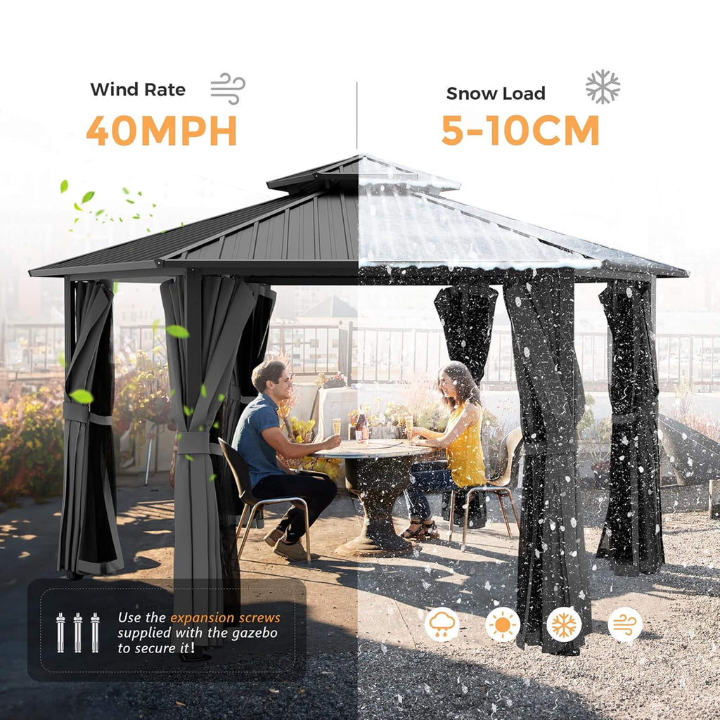 [13X15FT] Hardtop Hexagonal Gazebo With Curtains And Netting (SAK60713) - Saksby Wholesale - Wind And Snow Rating
