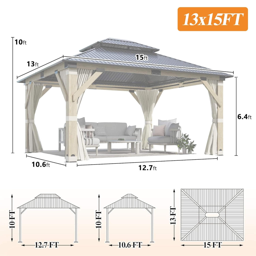 [13X15FT] Outdoor Wooden Double-Top Gazebo With Curtains (SAK60781) - Saksby Wholesale - Dimensions