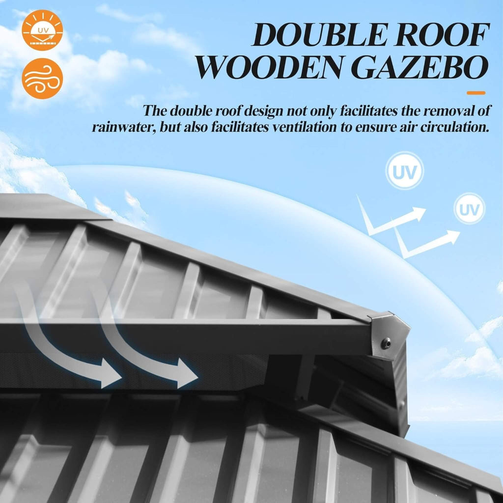 [13X15FT] Outdoor Wooden Double-Top Gazebo With Curtains (SAK60781) - Saksby Wholesale -
 Wooden Roof Features