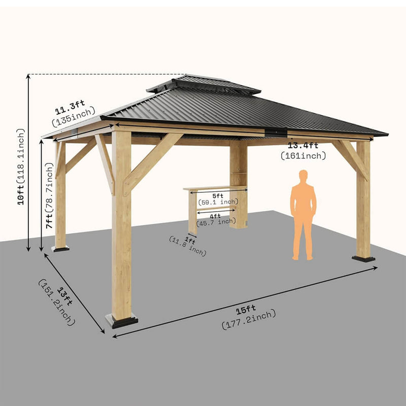 [13x15FT] Premium Outdoor All-Season Wooden Cedar Hardtop Gazebo Carport With Double Iron Roof (SAK35187)