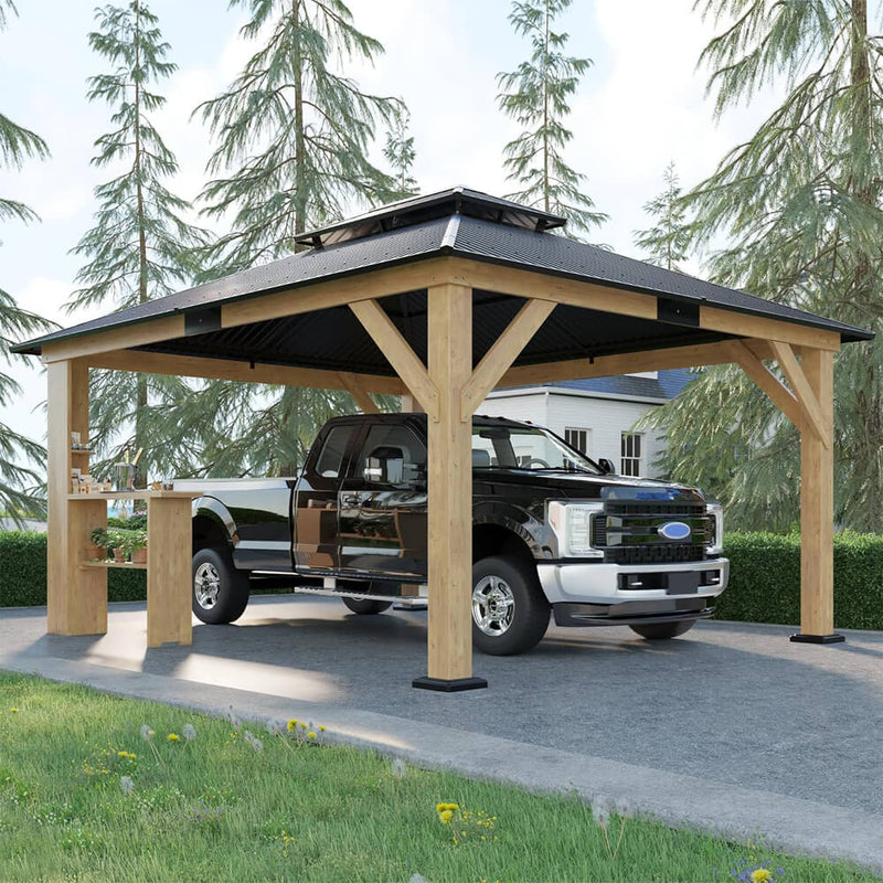 [13x15FT] Premium Outdoor All-Season Wooden Cedar Hardtop Gazebo Carport With Double Iron Roof (SAK35187)