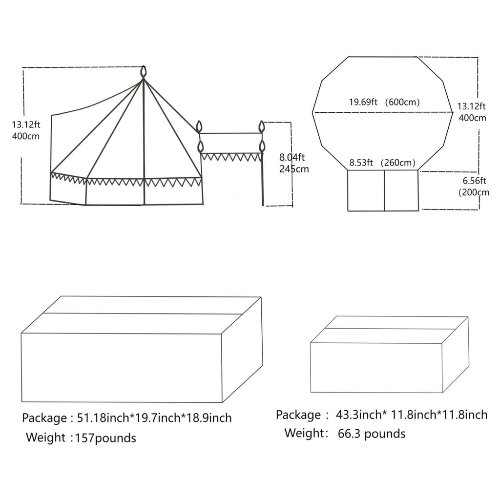 Extra Large Heavy Duty Outdoor Four Seasons Glamping Canvas Bell Yurt Tent SAK45688 - Saksby Wholesale - Product And Package Dimensions