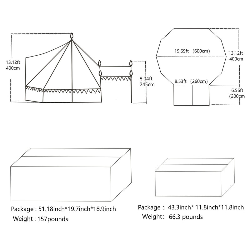 Extra Large Heavy Duty Outdoor Four Seasons Glamping Canvas Bell Yurt Tent SAK45688 - Saksby Wholesale - Product And Package Dimensions