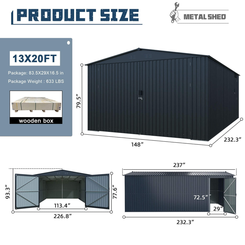 [13X20FT] Extra Large Premium Weather-Resistant Outdoor Multi-Purpose Utility Storage Shed (SAK84920) - Saksby Wholesale - Product Dimensions