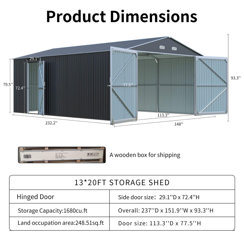 [13x20FT] Large Heavy Duty Outdoor Metal Storage Shed With Double Doors (SAK65331) - Saksby Wholesale - Dimensions