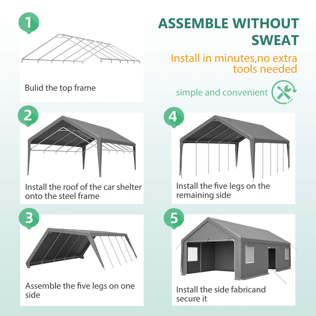 [13X26FT] Alora Heavy-Duty Carport Canopy With Roll-Up Doors And Windows (SAK14975) - Saksby Wholesale - Assembly View