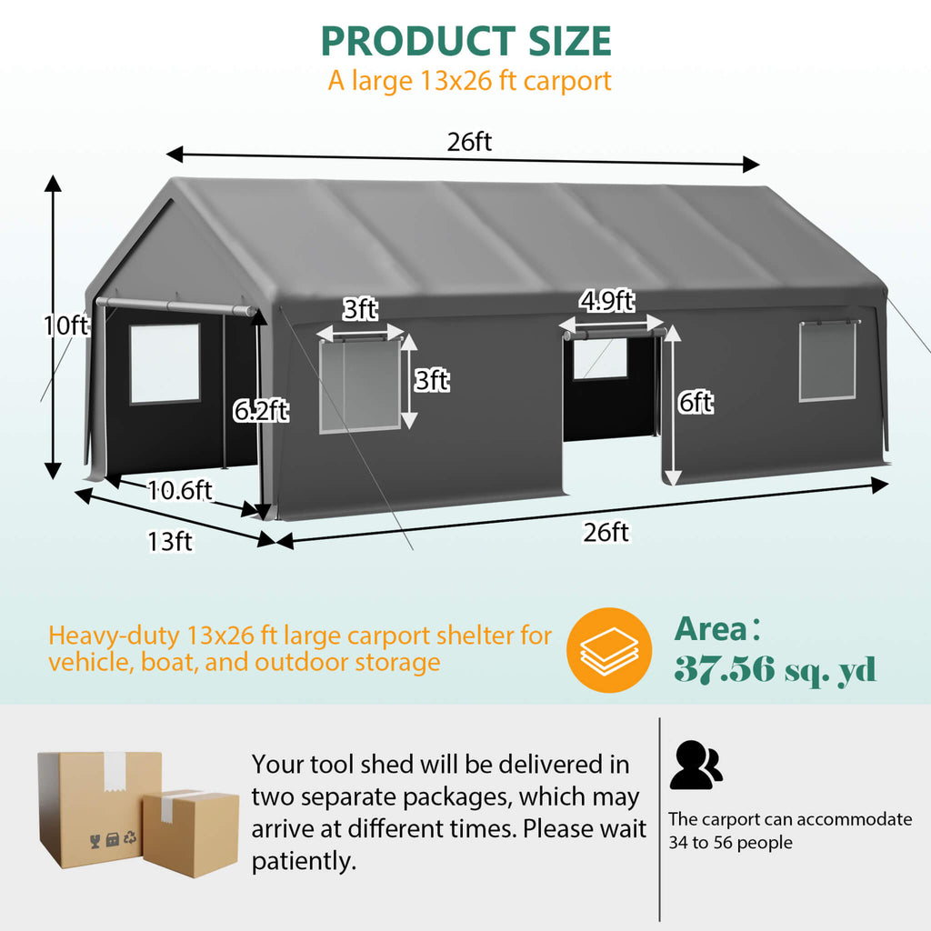 [13X26FT] Alora Heavy-Duty Carport Canopy With Roll-Up Doors And Windows (SAK14975) - Saksby Wholesale - Dimension View