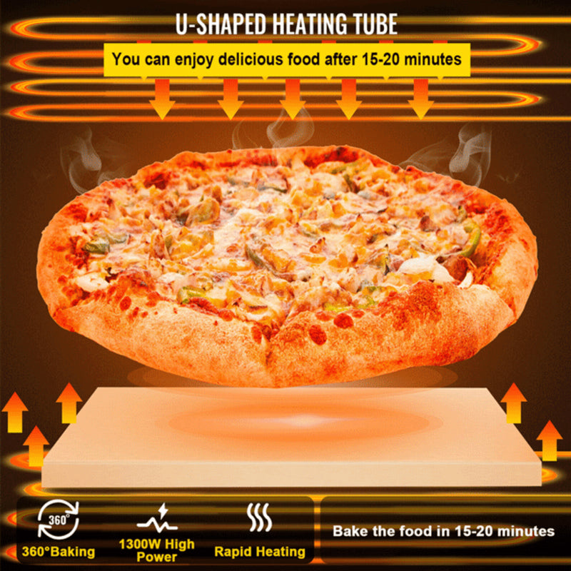 Pizza Baking On A U-shaped Heating Tube With Text Indicating Cooking Time And Features (SAK92582) - Saksby Wholesale