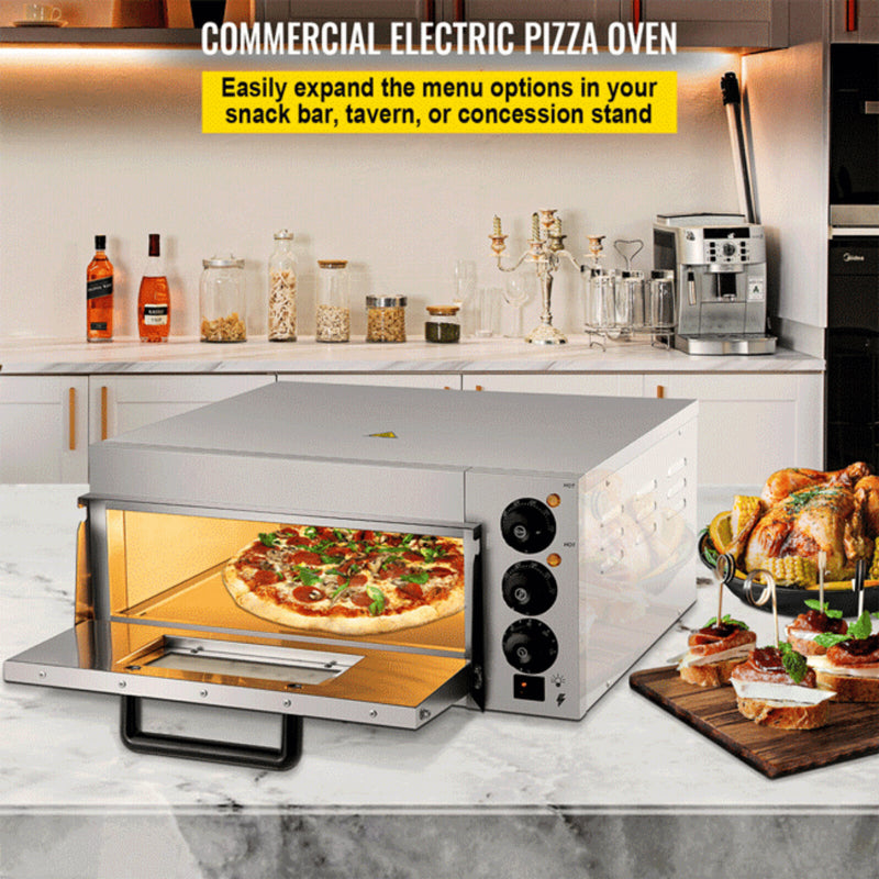 Commercial Electric Pizza Oven With A Pizza Inside, Surrounded By Snacks And Drinks In A Kitchen Setting (SAK92582) - Saksby Wholesale