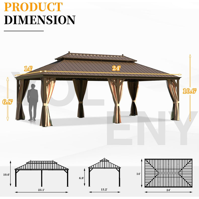 [14x24FT] YLN Heavy Duty Aluminum Galvanized Steel Double Roof Hardtop Gazebo With Netting And Curtains (SAK41853)