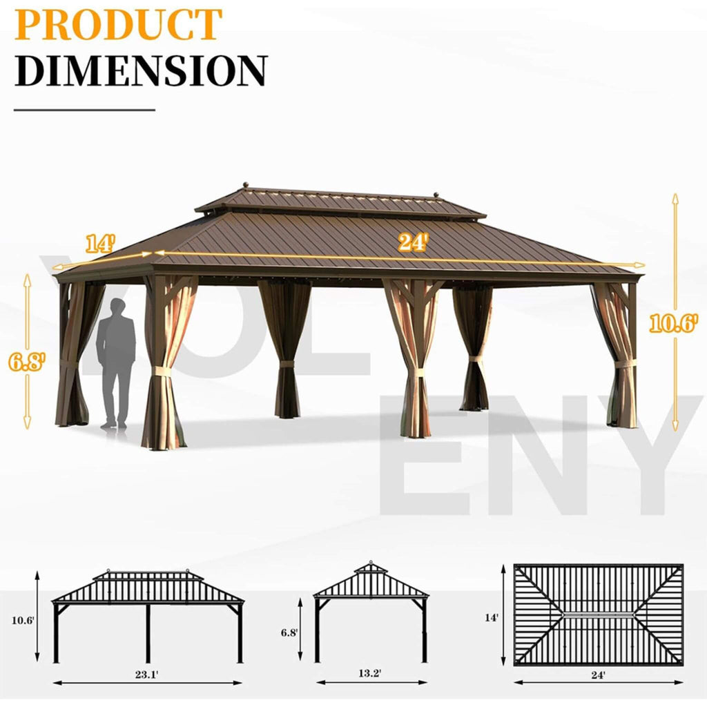 [14X24FT] Alora Heavy-Duty Aluminum Galvanized Steel Double Roof Hardtop Gazebo With Netting And Curtains (SAK41853) - Saksby Wholesale - Dimensions View