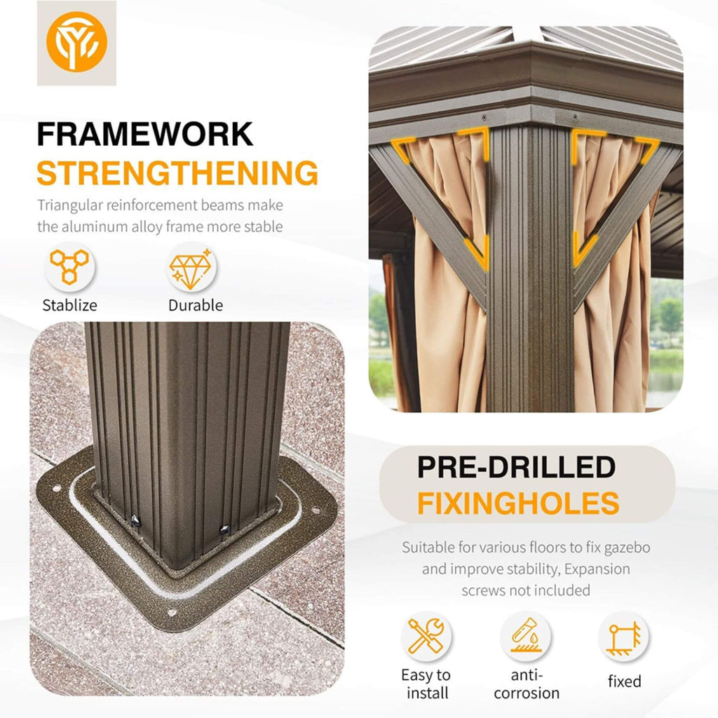 [14X24FT] Alora Heavy-Duty Aluminum Galvanized Steel Double Roof Hardtop Gazebo With Netting And Curtains (SAK41853) - Saksby Wholesale - Framework and Pre-drilled Holes Feature View