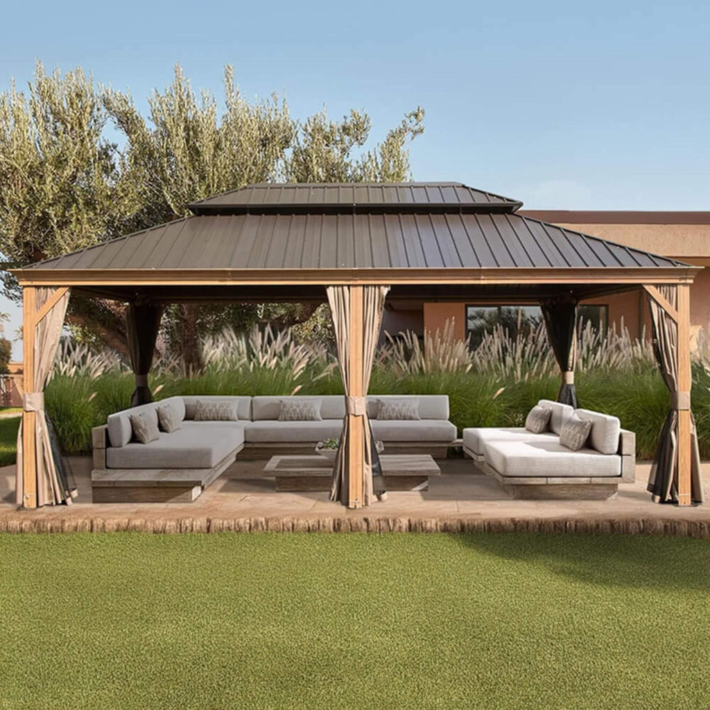 [14X24FT] Alora Heavy-Duty Aluminum Galvanized Steel Double Roof Hardtop Gazebo With Netting And Curtains (SAK41853) - Saksby Wholesale - Lifestyle Image Outdoor Garden With White Sofa