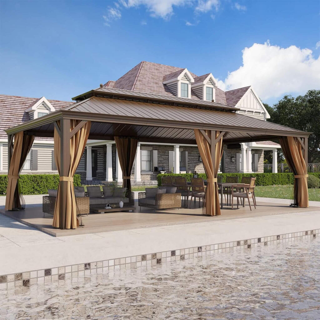 [14X24FT] Alora Heavy-Duty Aluminum Galvanized Steel Double Roof Hardtop Gazebo With Netting And Curtains (SAK41853) - Saksby Wholesale - Lifestyle Image Beside A House and Pool
