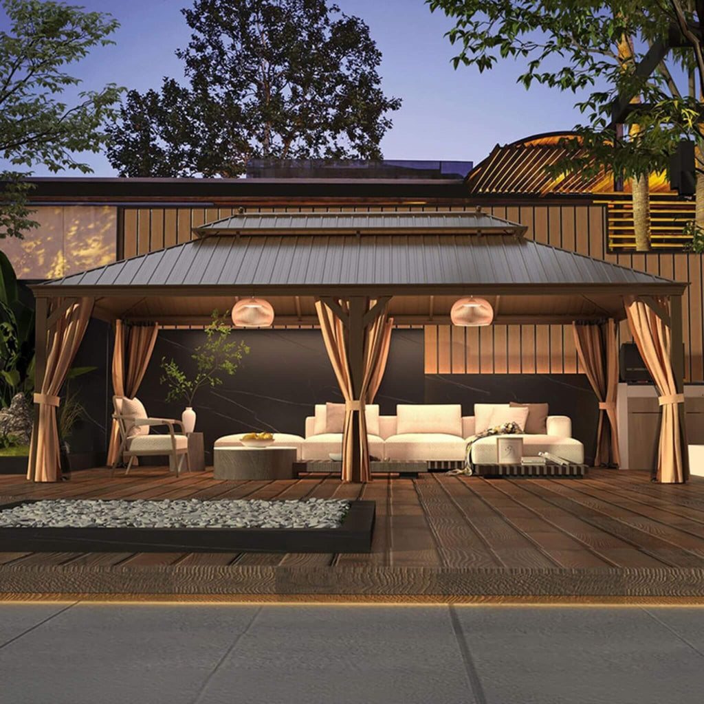 [14X24FT] Alora Heavy-Duty Aluminum Galvanized Steel Double Roof Hardtop Gazebo With Netting And Curtains (SAK41853) - Saksby Wholesale - Lifestyle Image On Wooden Patio