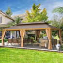 [14X24FT] Alora Heavy-Duty Aluminum Galvanized Steel Double Roof Hardtop Gazebo With Netting And Curtains (SAK41853) - Saksby Wholesale - Lifestyle Image Outdoor Garden With Wooden Sofa